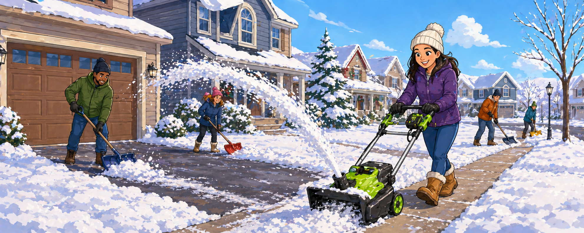 Cartoon winter neighborhood scene with diverse neighbors shoveling snow while someone clears a sidewalk with an electric snow blower