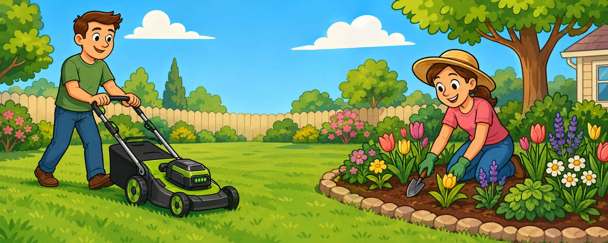 Cartoon spring garden scene with a man mowing the lawn while a woman works on a flower bed