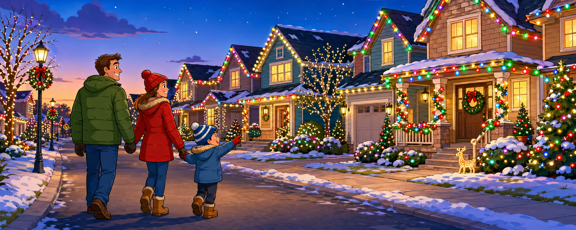 Cartoon street of houses decorated with holiday lights while a family points at the decorations