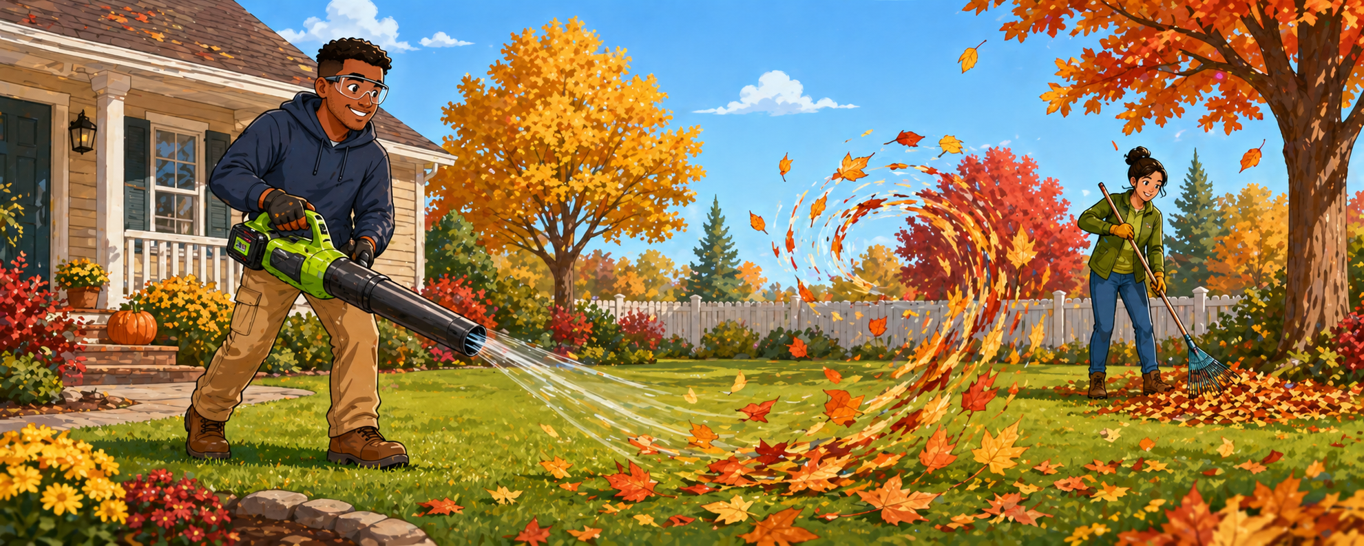 Cartoon autumn scene with an electric leaf blower creating a vortex of leaves while another person rakes leaves